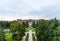 Panoramic view of the regional government in Veliky Novgorod and the war monument of Leonid Golikov