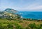 Panoramic view on resort city Gurzuf and Bear Mountain, Ayu-Dag, Yalta, Crimea. Sunny day. Copy space. The concept of an travel,