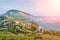 Panoramic view on resort city Gurzuf and Bear Mountain, Ayu-Dag, Yalta, Crimea. Sunny day. Copy space. The concept of an travel,