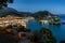 Panoramic view of the resort town of Parga, the harbor, the beach and islets