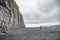 Panoramic view  of Reynisfjara beach cave in Iceland with big basalt pillars and rocky beach. Cold windi place at the beach with