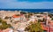 Panoramic view of Rhodes old town on Rhodes island, Greece. Rhodes old fortress cityscape with sea port at foreground. Travel