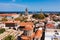 Panoramic view of Rhodes old town on Rhodes island, Greece. Rhodes old fortress cityscape with sea port at foreground. Travel