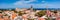 Panoramic view of Rhodes old town on Rhodes island, Greece. Rhodes old fortress cityscape with sea port at foreground. Travel