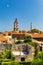 Panoramic view of Rhodes old town on Rhodes island, Greece. Rhodes old fortress cityscape. Travel destinations in Rhodes, Greece