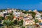 Panoramic view of Rhodes old town on Rhodes island, Greece. Rhodes old fortress cityscape. Travel destinations in Rhodes, Greece