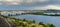 Panoramic view of the right bank of Kiev. Dnieper river, evening and sunset. Metro bridge. Sight. Nice view from the