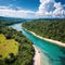 Panoramic view river, hills. Aerial drone shot. Indonesia. Spectacular landscape of Sumba island. Blue sky