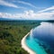 Panoramic view river, hills. Aerial drone shot. Indonesia. Spectacular landscape of Sumba island. Blue sky