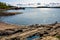 Panoramic view of rocky seashore of Hovedoya island in Oslofjord harbor near Oslo, Norway