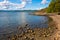 Panoramic view of rocky seashore of Hovedoya island in Oslofjord harbor near Oslo, Norway