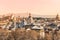 Panoramic view rooftops of Rome historical architecture city skyline at sunset, Italy.