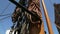 Panoramic view of ropes hanging on the mast of ship, vessel elements, transport