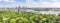 Panoramic view of Rotterdam with the river Maas and the Erasmus bridge, the park at the Euromast, the buildings at the Cruise Term