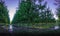 Panoramic view of rows of apple trees on a farm