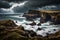 A panoramic view of a rugged, coastal headland, battered by crashing waves and framed by a moody, stormy sky