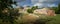 Panoramic view of the ruins of the Mayan pyramids in Uxmal