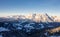 Panoramic view Saalbach hinterglemm steinernes Meer leogang sunset snowy mountains alps blue sky