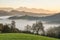 Panoramic view of Saint Tomas church with fog at sunrise