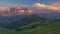 Panoramic view of Sassolungo massif in sunset light, Dolomites, Italy