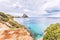 Panoramic view of scenic Ibiza island coastline and Es Vedra
