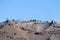 Panoramic view of scenic and picturesque landscape with ancient city Pergamon acropolis and theatre and blue autumn sky