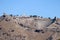 Panoramic view of scenic and picturesque landscape with ancient city Pergamon acropolis and theatre and blue autumn sky