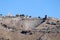 Panoramic view of scenic and picturesque landscape with ancient city Pergamon acropolis and theatre and blue autumn sky