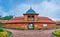 Panoramic view on scenic wooden Gatehouse at Bohdan Khmelnytsky Residence, Chyhyryn, Ukraine