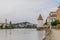 Panoramic view Schaibling Tower and promenade on river Inn, Passau, Lower Bavaria, Germany