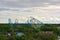 Panoramic view of Seaworld`s Rollercoasters and Aquatica Park on cloudy sky background in Inte