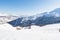 Panoramic view of Sestriere ski resort from above, famous travel destinatio in the Alps, Piedmont, Italy.