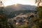 Panoramic view of the setting sun and Tianluokeng Tulou, Fujian, China