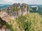 Panoramic view of sharp Schrammsteine and landscape in Saxon