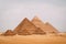 Panoramic view of the six great pyramids of Egypt. Pyramid of Khafre, pyramid of Khufu, and the red pyramid.