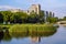 Panoramic view of the Sluzew district of Warsaw, Poland with its recreational green spaces and modernistic residential real estate