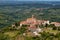 Panoramic view of Smartno in Gorska Brda, Slovenia from above with surrounding vineyards