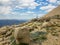 Panoramic view of some of the statues near the peak of Nemrut Dagi. Turkey