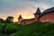 Panoramic view of Spaso-Evfimiev monastery in Suzdal, Russia during a cloudy sunset