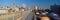 Panoramic view of speeding taxis driving over Brooklyn Bridge to Manhattan, New York City, NY