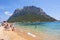 Panoramic view of Spiaggia Spalmatore di Terra beach of Isola Tavolara island on Tyrrhenian Sea off northern coast of Sardinia,