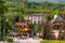 Panoramic view of St. Jacob square, plac Sw. Jakuba, in Szczyrk mountain resort of Beskidy Mountains in Silesia region of Poland