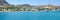 Panoramic view of Stegna beach with apartment houses close to Town of Archangelos RHODES, GREECE
