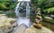 A panoramic view of a stone cairn at Owharoa Falls in Karangahake Gorge in Waikato, Tauranga 2