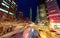 Panoramic view of a street corner in Downtown Taipei City with busy traffic trails at rush hour