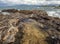 Panoramic view of the Stunning storm clouds, waves and the rocky beach in the Aegean sea on a summer day on the island of Evia, Gr