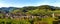 Panoramic view of the stunning village of Andlau in Alsace. Slopes with ripening grapes. Great views of the Vosges mountains.