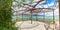Panoramic view of summer wooden terace of luxury vila on coast of Ohrid