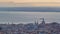 Panoramic view during sunrise over Lisbon and Almada from a viewpoint in Monsanto morning timelapse.