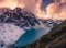 Panoramic view of sunset and lake in the Himalayas